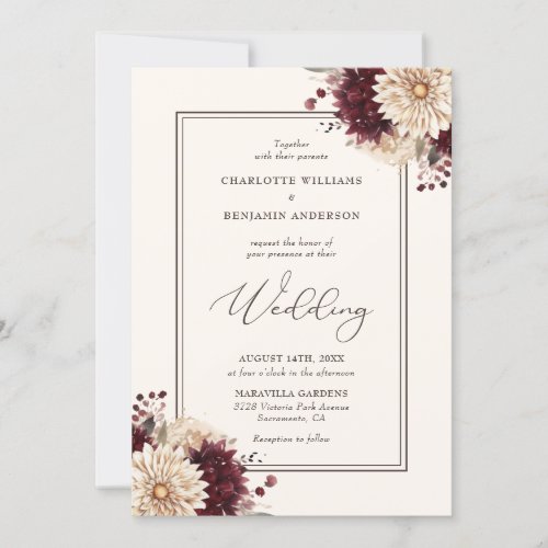 Elegant Script Burgundy Ivory Fall Floral Wedding Invitation