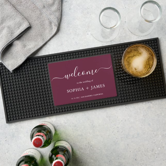 Elegant Script Burgundy Minimalist Wedding Bar Mat (Insitu (Bar 1))