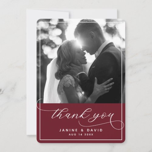 Elegant Script Burgundy Modern Wedding Photo Thank You Card