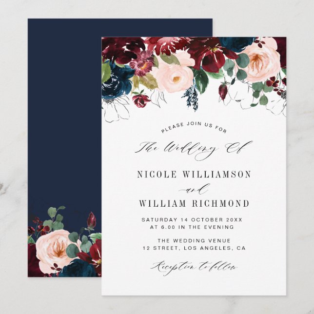 Elegant script burgundy & Navy blue floral wedding Invitation (Front/Back)