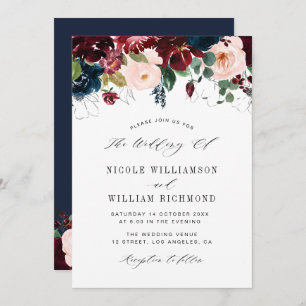Elegant script burgundy & Navy blue floral wedding Invitation