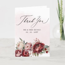 Elegant Script Burgundy Pink Blush Floral Photo Thank You Card