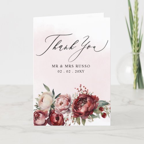 Elegant Script Burgundy Pink Blush Floral Photo Thank You Card