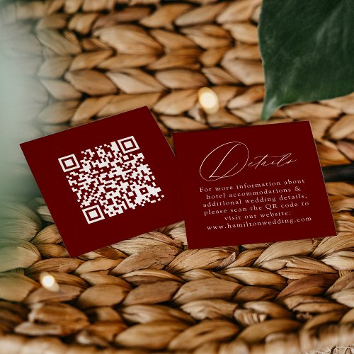 Elegant Script Burgundy QR Code Wedding Details Enclosure Card