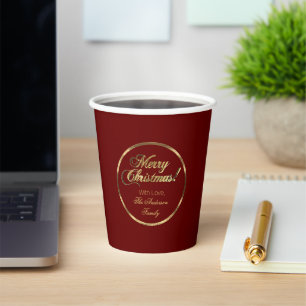 Elegant Script Burgundy Red and Gold Christmas Paper Cups