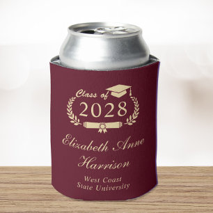 Elegant Script Burgundy Red Gold Graduation Can Cooler