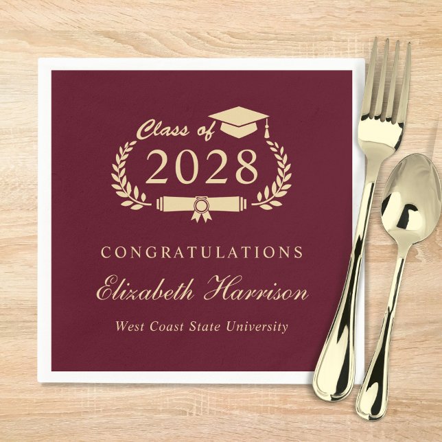 Elegant Script Burgundy Red Gold Graduation Napkins (Creator Uploaded)