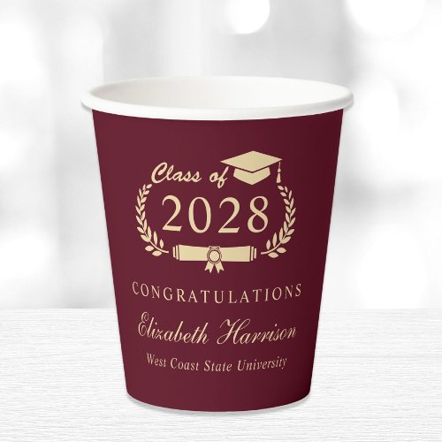 Elegant Script Burgundy Red Gold Graduation Paper Cups