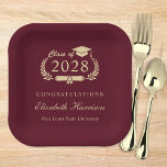 Elegant Script Burgundy Red Gold Graduation Paper Plates<br><div class="desc">Elegant burgundy red graduation party paper plates featuring "Class of" in a light gold illustration of laurel wreath incorporating a grad cap and diploma,  the graduate's name in a stylish gold script,  and "Congratulations" and their school name in modern gold typography.</div>