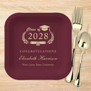 Elegant Script Burgundy Red Gold Graduation Paper Plates