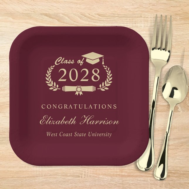 Elegant Script Burgundy Red Gold Graduation Paper Plates (Creator Uploaded)