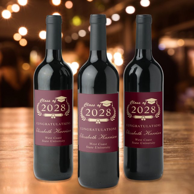 Elegant Script Burgundy Red Gold Graduation Wine Label (Creator Uploaded)