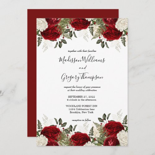 Elegant Script Burgundy Red Rose Vintage Wedding Invitation