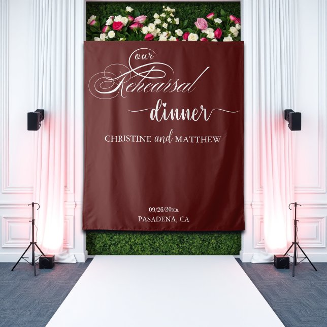 Elegant Script Burgundy Rehearsal Dinner Backdrop (Creator Uploaded)