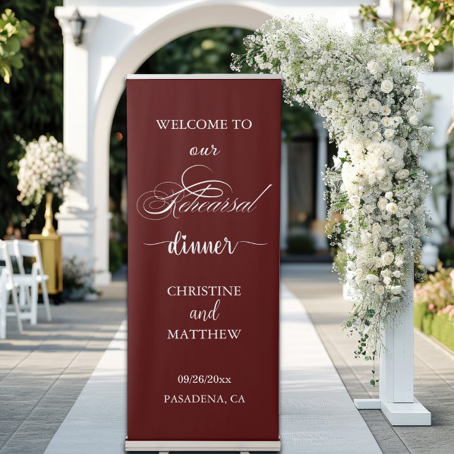Elegant Script Burgundy Rehearsal Dinner Welcome Retractable Banner (Creator Uploaded)