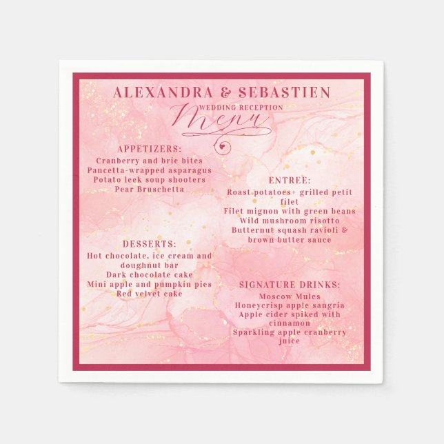 Elegant Script Burgundy Rose Gold Wedding Menu Napkins (Front)