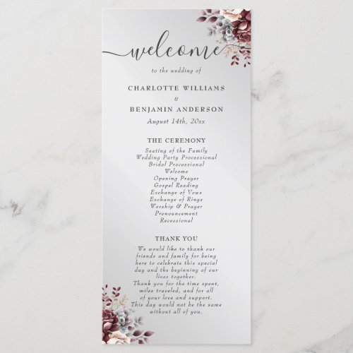 Elegant Script Burgundy Silver Floral Wedding Program