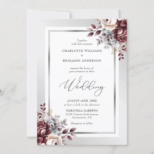 Elegant Script Burgundy Silver Ivory Wedding Invitation