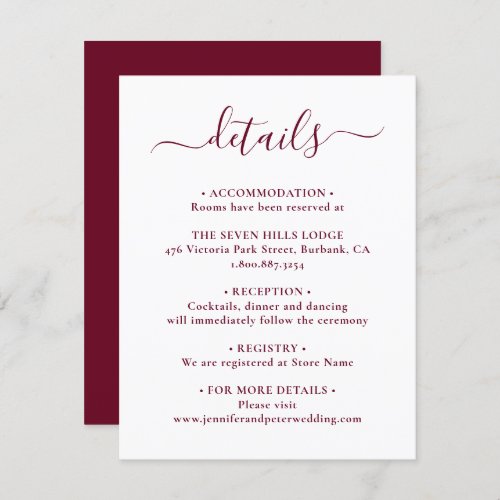 Elegant Script Burgundy Wedding Details Enclosure Card