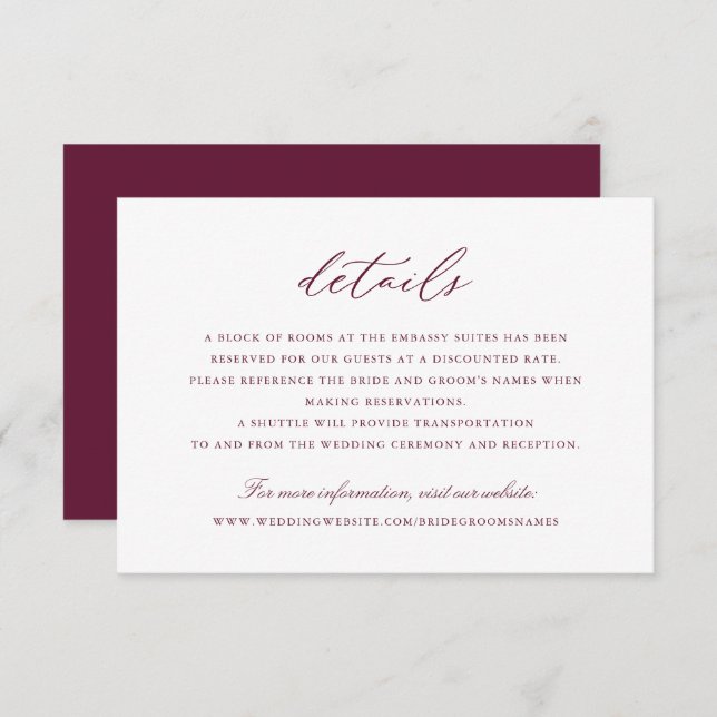 Elegant Script Burgundy Wedding Details Invitation (Front/Back)