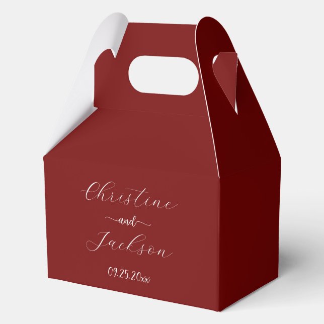 Elegant Script Burgundy Wedding Favor Boxes (Front)