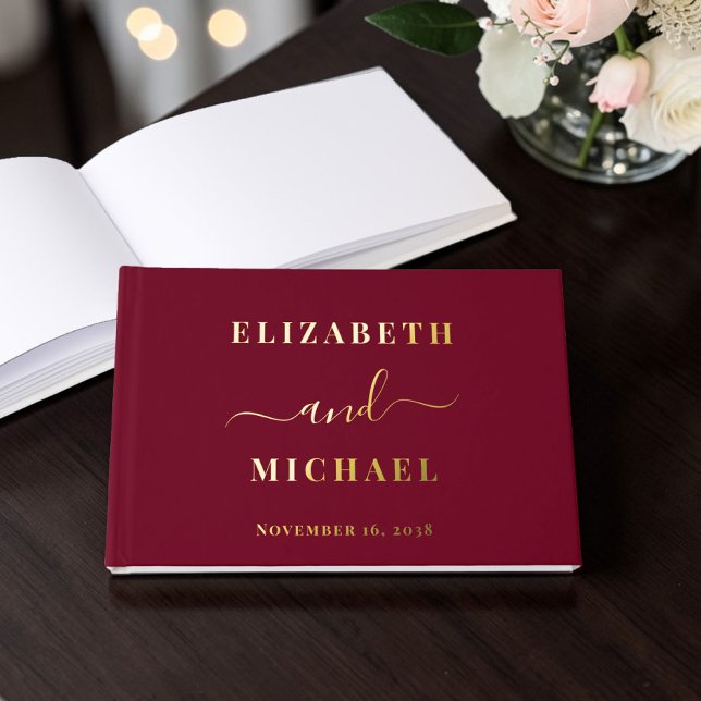 Elegant Script Burgundy Wedding Foil Guest Book (Elegant Script Burgundy Wedding Foil Guest Book)