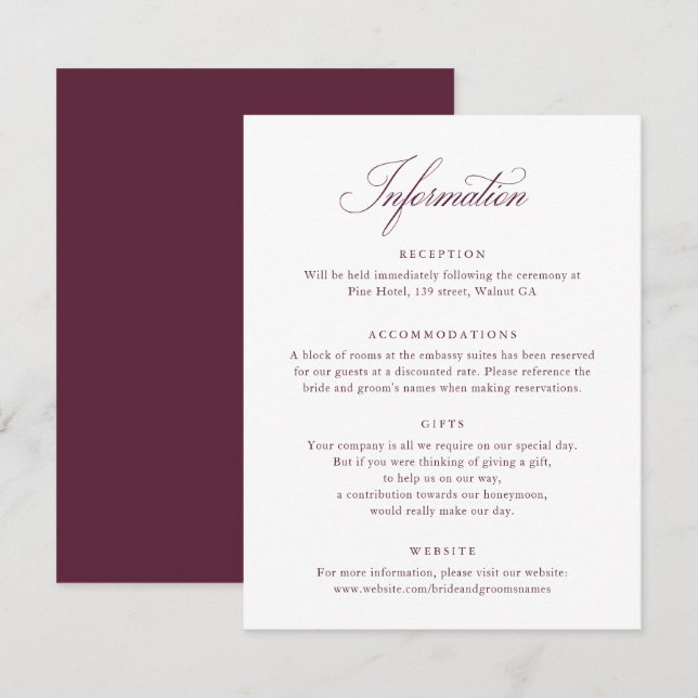 Elegant Script Burgundy Wedding Info Card (Front/Back)