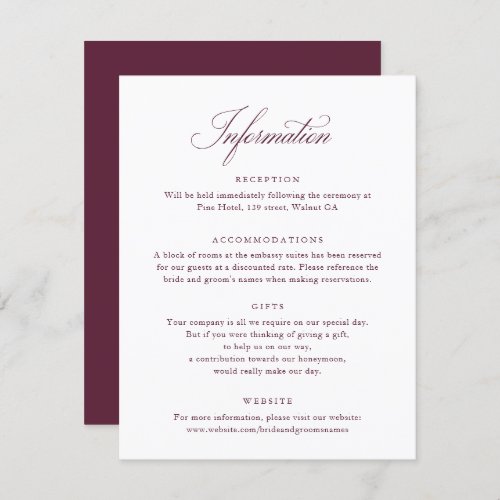 Elegant Script Burgundy Wedding Info Card