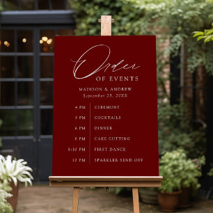 Elegant Script Burgundy Wedding Order of Events Foam Board