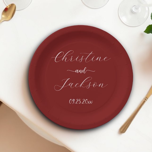 Elegant Script Burgundy Wedding Paper Plates (Creator Uploaded)
