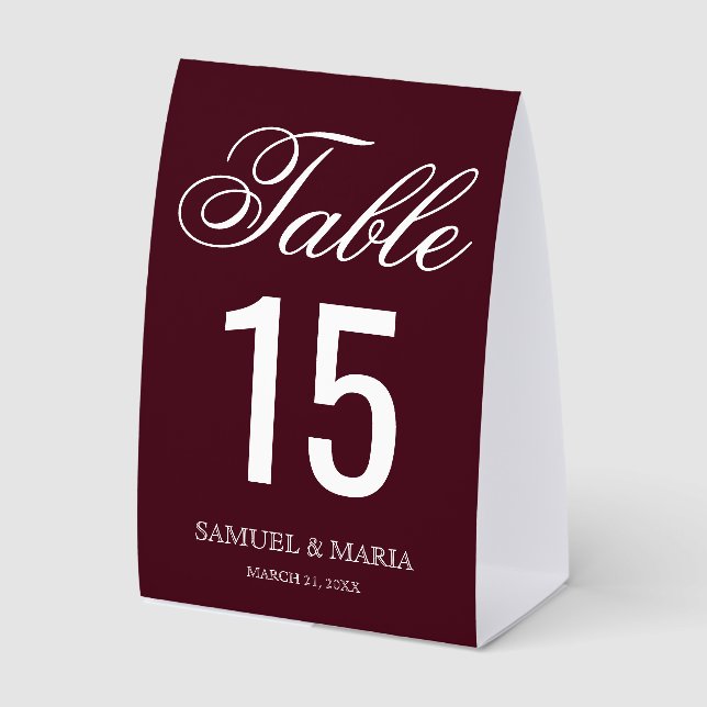 Elegant Script Burgundy Wedding Table Number Paper Table Tent (Front)