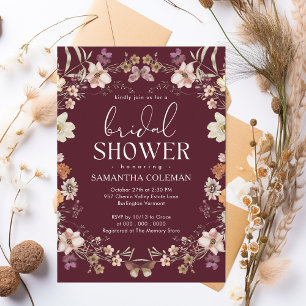 Elegant Script Burgundy Wildflower Bridal Shower Invitation