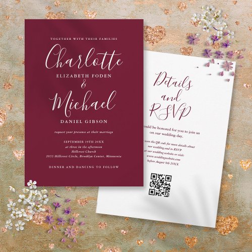 Elegant Script Burgundy Wine QR Code Wedding Invitation