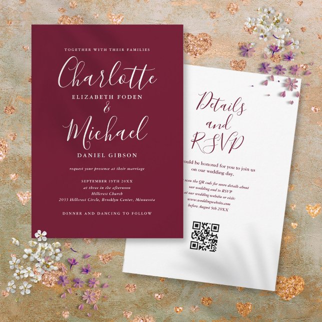 Elegant Script Burgundy Wine QR Code Wedding Invitation (Elegant Script Burgundy Wine QR Code Wedding Invitation)