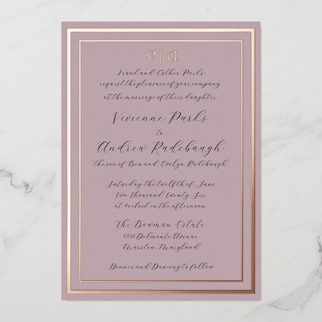 Elegant Script Burnished Lavender Foil Invitation (Front)