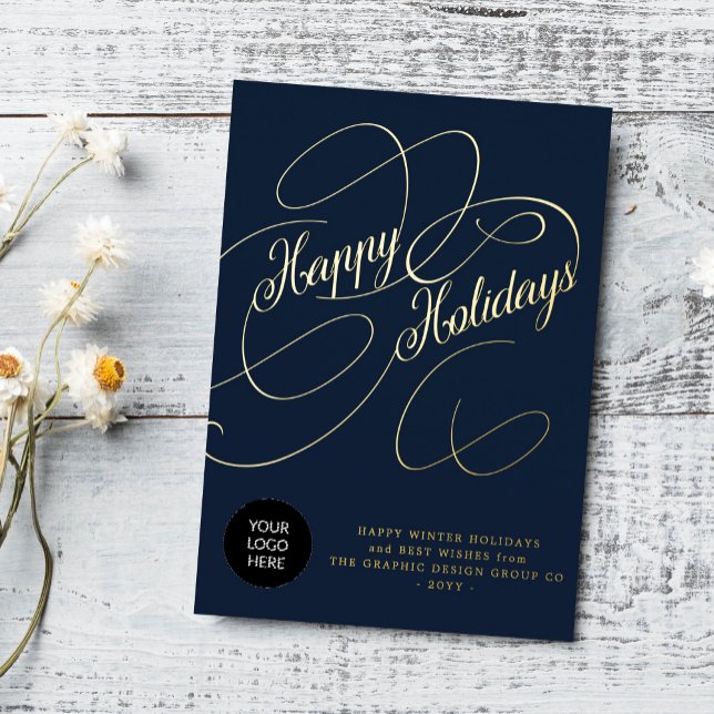 Elegant script business corporate custom logo foil holiday card (Creator Uploaded)