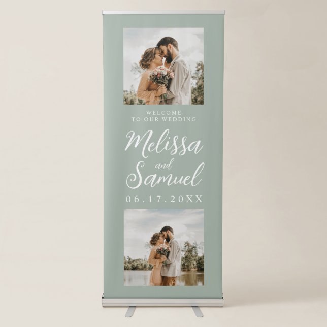 Elegant Script Calligraphy 2 Photo Wedding Welcome Retractable Banner (Front)