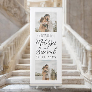 Elegant Script Calligraphy 2 Photo Wedding Welcome Retractable Banner