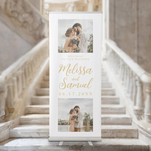 Elegant Script Calligraphy 2 Photo Wedding Welcome Retractable Banner (Creator Uploaded)