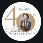 Elegant Script Calligraphy 40th Birthday Classic Round Sticker<br><div class="desc">Elegant Script Calligraphy 40th Birthday Classic Round Sticker. And elegantly designed special birthday celebration design,  featuring a custom photo of birthday person and script calligraphy with vintage flourish elements. Simple enough to fit a variety of themes and colors!
Need help? Simply contact me!</div>