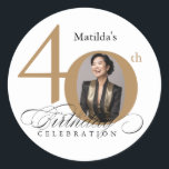 Elegant Script Calligraphy 40th Birthday Classic Round Sticker<br><div class="desc">Elegant Script Calligraphy 40th Birthday Classic Round Sticker. And elegantly designed special birthday celebration design,  featuring a custom photo of birthday person and script calligraphy with vintage flourish elements. Simple enough to fit a variety of themes and colors!
Need help? Simply contact me!</div>