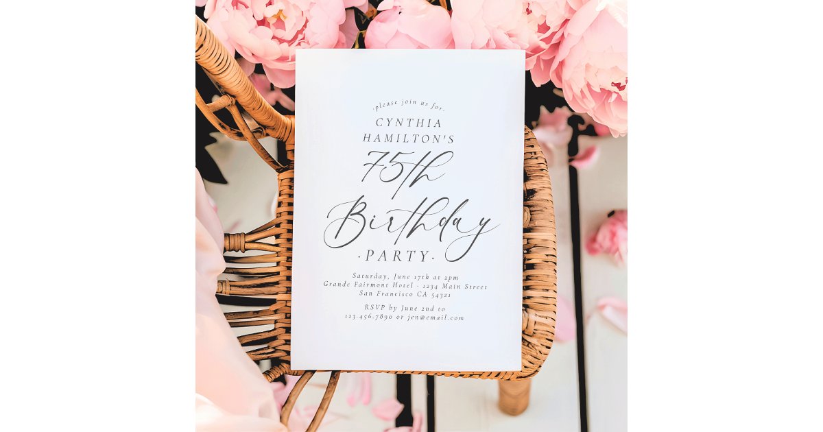 Elegant Script Calligraphy 75th Birthday Party Invitation | Zazzle