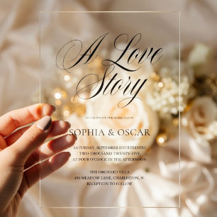  Elegant Script Calligraphy   A Love Story Modern Acrylic Invitations