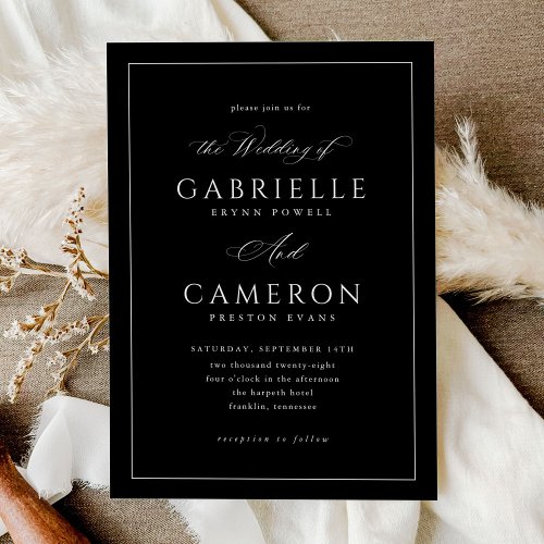 Elegant Script Calligraphy Black and White Wedding Invitation