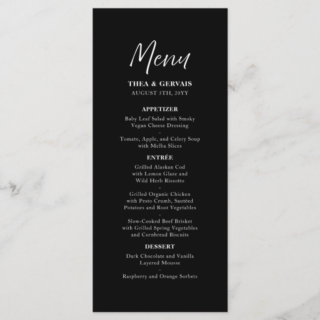 Elegant Script Calligraphy Black Wedding Menu (Front)
