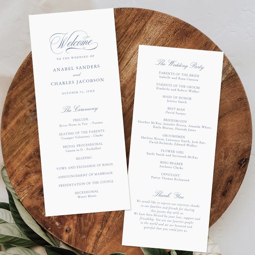 Elegant Script Calligraphy Blue Wedding Program