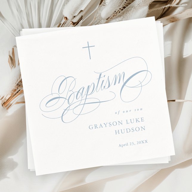 Elegant Script Calligraphy Dusty Blue Boys Baptism Napkins (Elegant calligraphy dusty blue boys baptism napkins.)