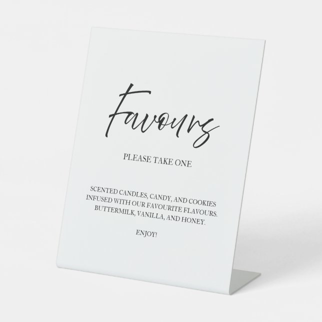 Elegant Script Calligraphy Favours White Wedding Pedestal Sign (Front)