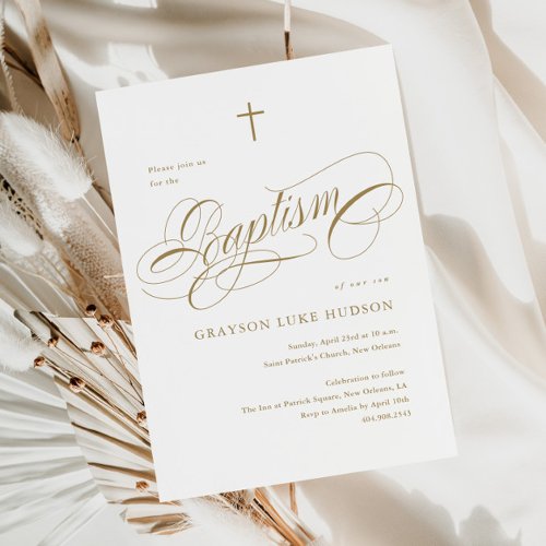 Elegant Script Calligraphy Gold Neutral Baptism Invitation