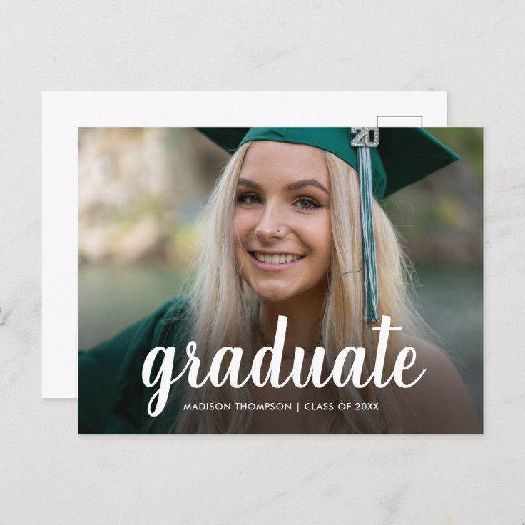 Elegant Script Calligraphy Graduation Photo Announcement Postcard | Zazzle